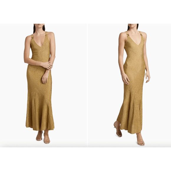 Elisabetta Franchi E. F. Metallic Ribbed Maxi Dress in Gold IT42/US6 $890 - Picture 1 of 11